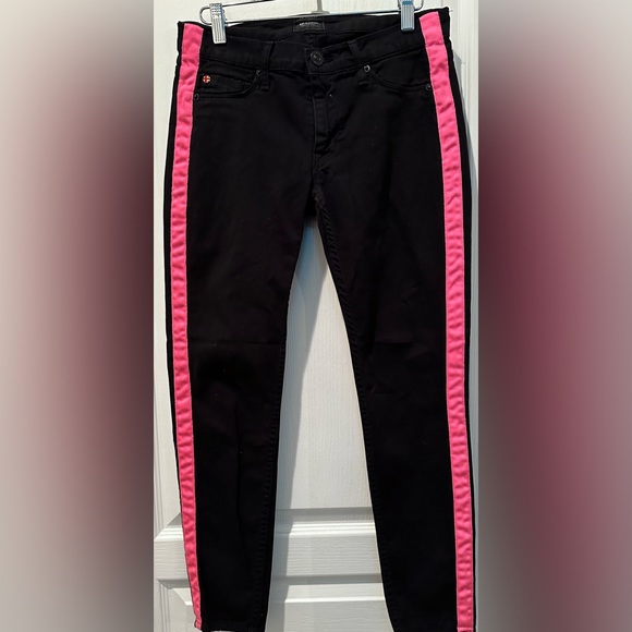 Hudson Lou Lou Black Cropped Skinny Jeans w Barbie Pink Tuxedo Stripes - Picture 2 of 6